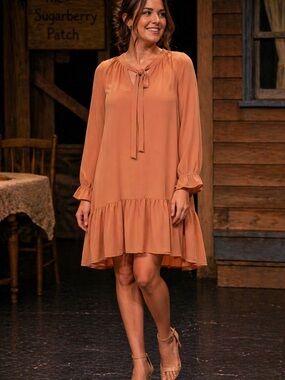 Boohoo Peach Tie-Neck Ruffle Hem Long Sleeve Dress